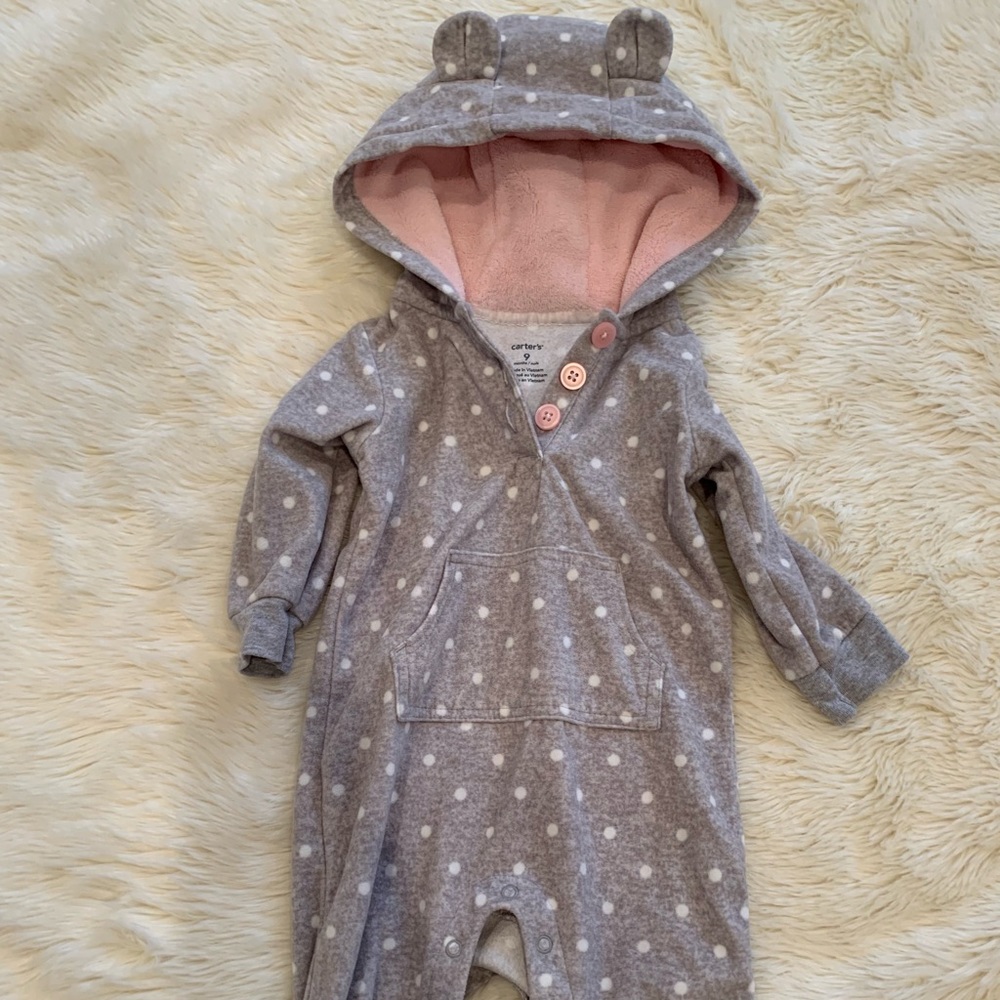 Fleece baby onesie with hood